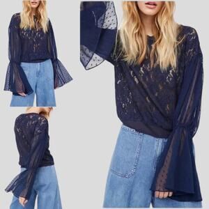 Free People Something Like Love Lace Long Sleeve Top Navy Women XS to Medium